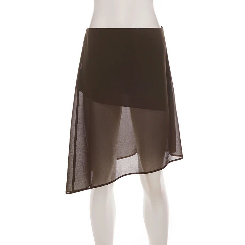 SUCHCUTE Damen Y2K Midirock aus transparentem Chiffon mit niedriger Taille, asymmetrischem Saum, lässig, einfarbig, aus Mesh, schmal geschnitten, A-Linie, Streetwear-Rock, Coquette – Detail 4