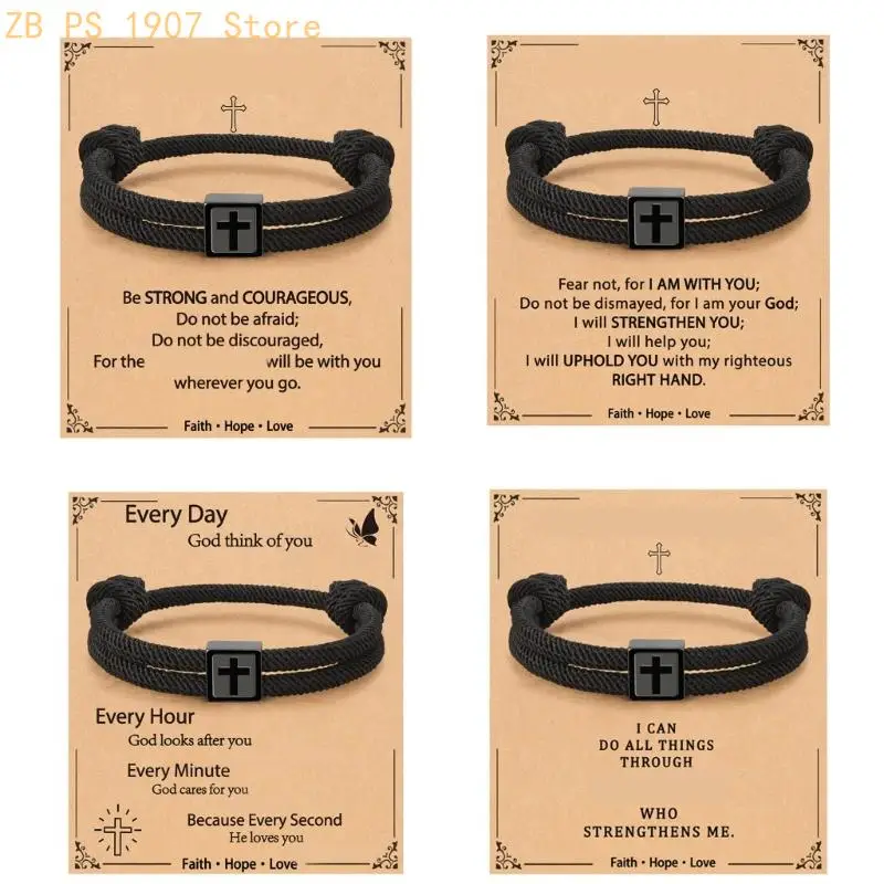 Stainless Steel Crosses Charm Rope Bracelet Adjustable Faith Jewelry 55KA