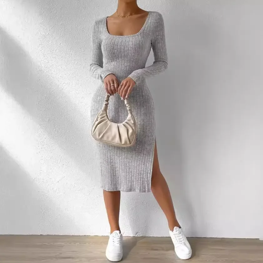 

Autumn Winter New American Collar Long Sleeve Hemp Jacquard Woolen Dress for Women