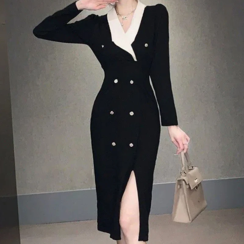 Temperamen Fashion Sping Autumn Dresses Women Solid V-Neck Corset Split Button Chic Long Sleeve Slim Loog A-line Knitted Dress