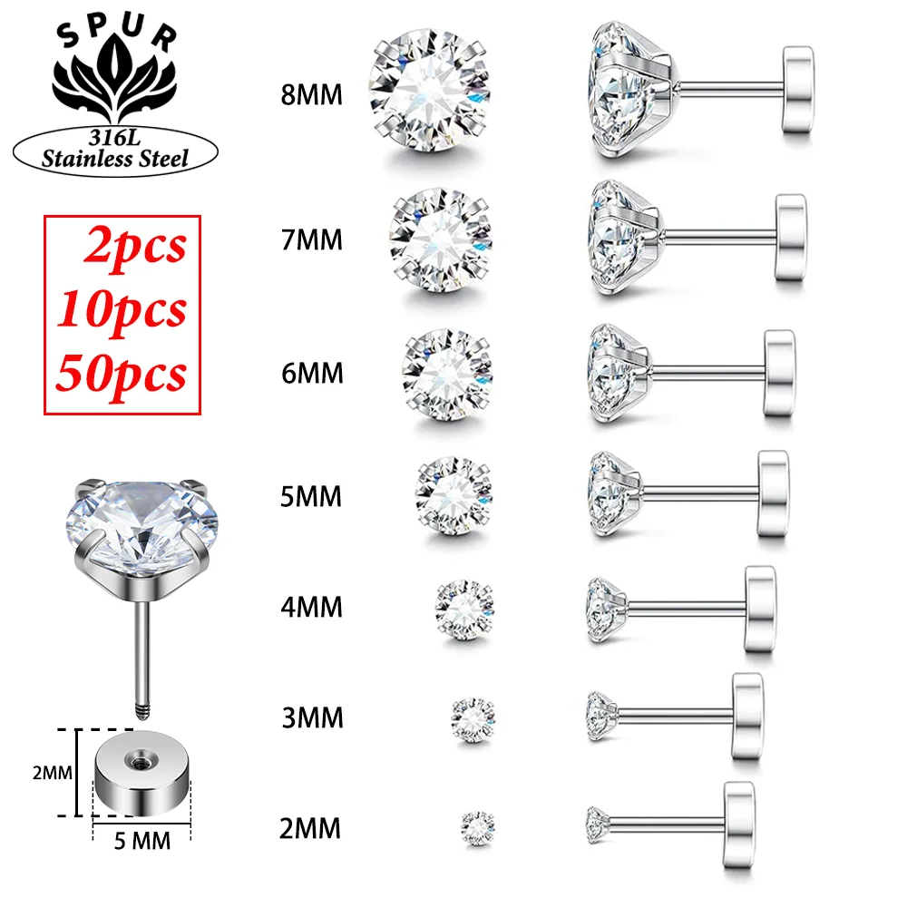 Wholesale New 316L Stainless Steel 20G Labret Ear Helix Tragus Daith Cartilage 2/3/4/5/6/7/8mm CZ Nose Studs Women Body Jewelry