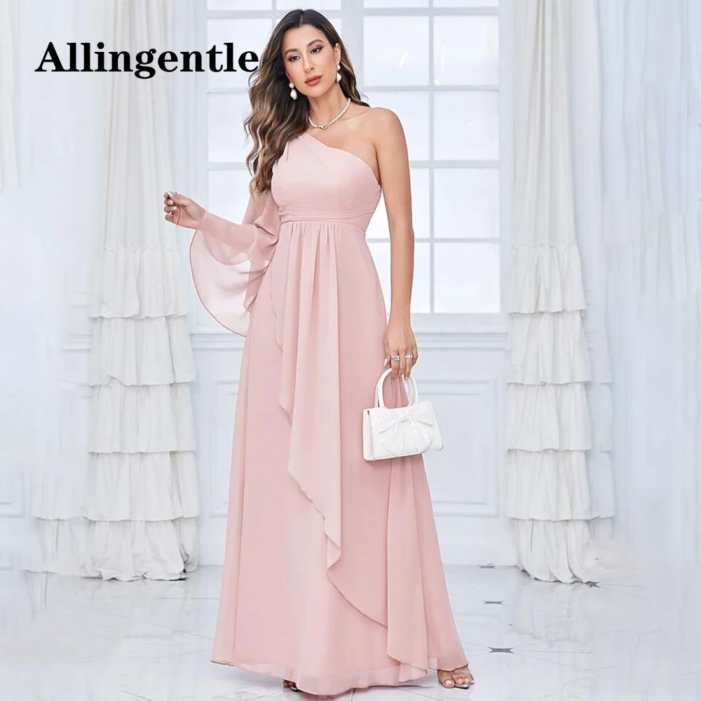 

Allingentle Blush Pink One Shoulder Flounce Sleeves Chiffon Bridesmaid Dresses A-Line Ruffles Evening Party Gowns Floor Length