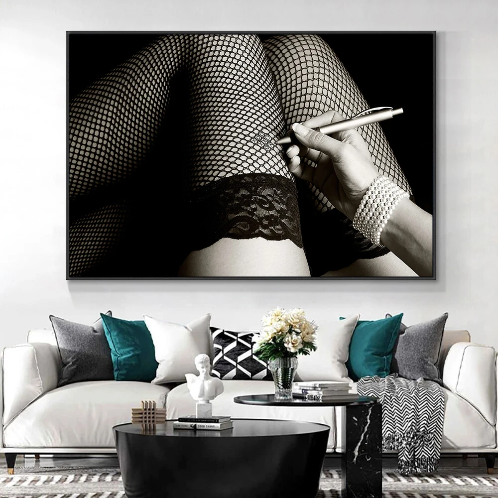 A Woman in Fishnet Stockings Poster and Print Black White Wall Art Canvas Painting Wall Picture For Living Room Home Decor