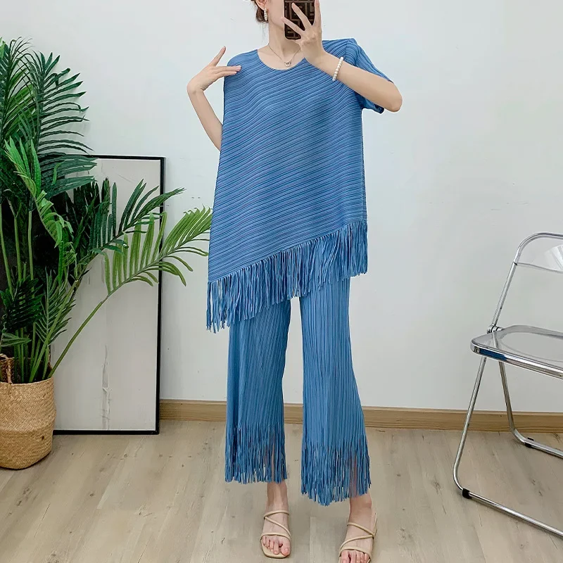 

Pleats Pleated Solid Color Fringe Short Sleeve T-shirt+casual Straight Pants Two-piece Set High Elastic Women Pleats Pants Suit