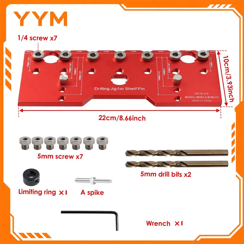 YYM 1Set 32mm Spacing Shelf Pin Jig Kit 1/4 Inch 5mm Drill Guide Woodworking Straight Pocket Hole Drilling Positioning Tool