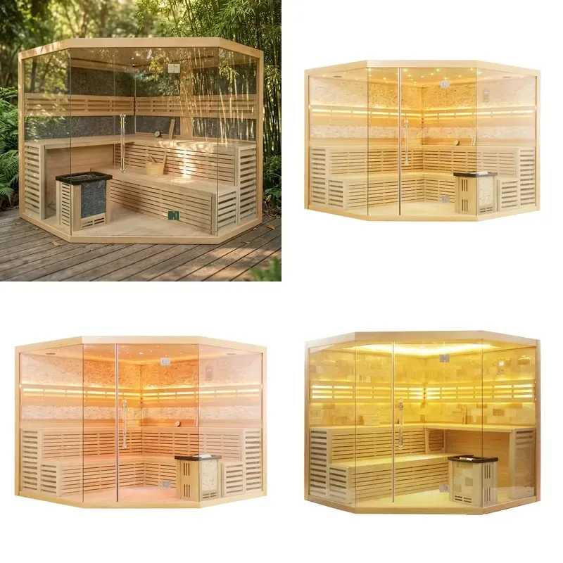 Luxury Indoor Solid Wood Rock Salt Steam Sauna Room with LED Star Light 4 Person Electric Control Home Corner 220V Relax