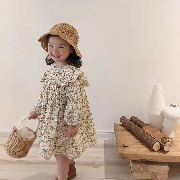 Spring cute girls floral long sleeve princess dress cotton linen loose doll dresses