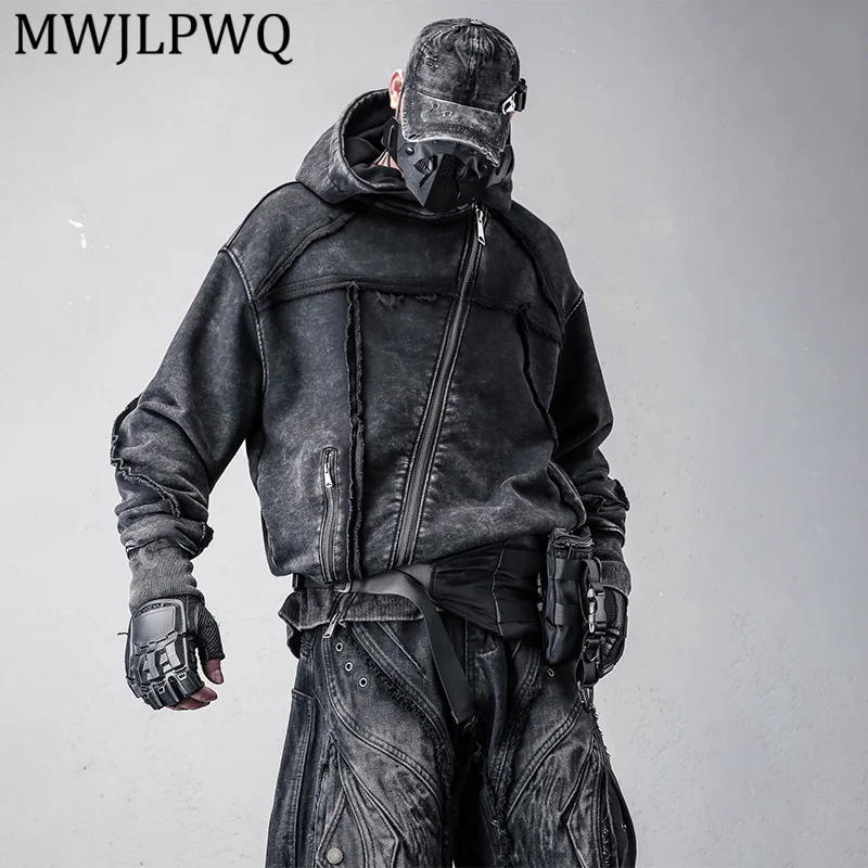 

MWJLPWQ Niche Style Men's Spring Zip-Up Hoodie Loose Sweatershirt Deconstructed Distressed Washed Functional Hooded Tops 13812