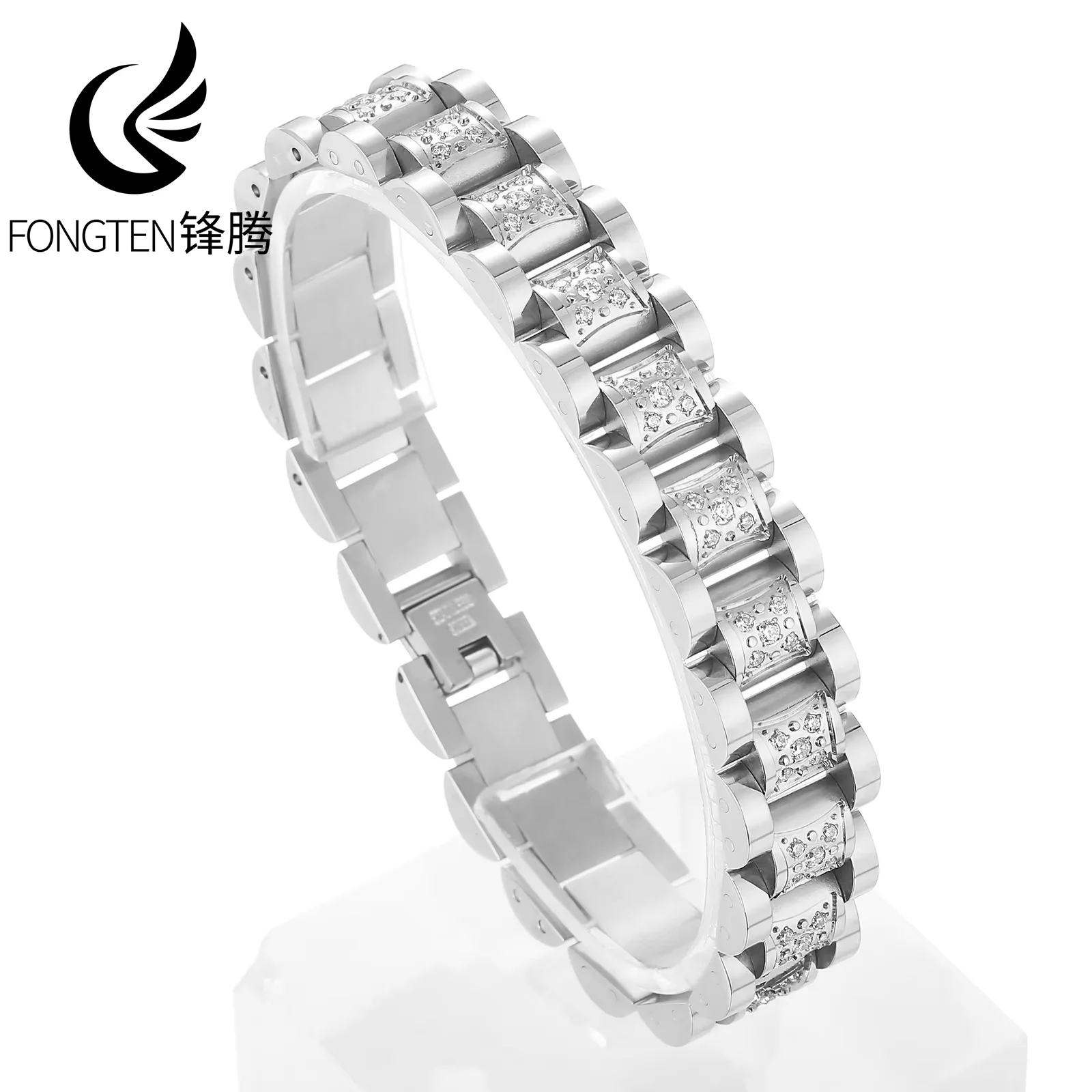Fongten Luxurious Exquisite Rhinestone Stainless Steel Men's Bracelet Elegant Motorcycle Strap Chain Fashion Jewelry Gifts