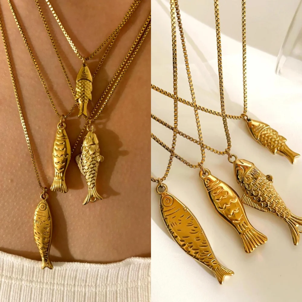 

Stainless Steel Mini Fish Necklace Jewelry Gold Fish Pendant Necklace Creative Fashion Ocean Style Beach Chain Choker Vacation