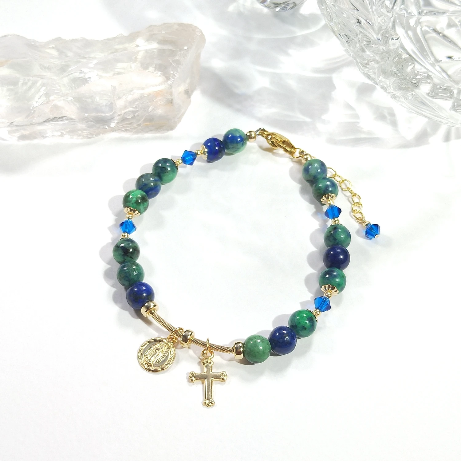 Lii Ji Azurite Malachite Natural Stone Freshwater Pearl Crystal 14K Gold Filled Charms Bracelet Handmade Bohe Fashion Jewelry