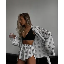 Shorts Set Homewear Long Sleeve Tops 2 Piece Sets Pajama Sets Print Chic Beach Robe High Waist Pajamas New Casual Sleepwear