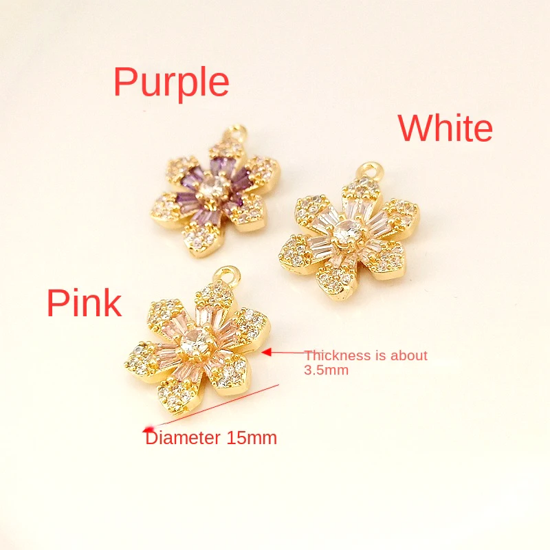 2 pieces copper plated gold inlaid zircon six Petal Flower Pendant DIY jewelry discovery bracelet necklace accessories materials