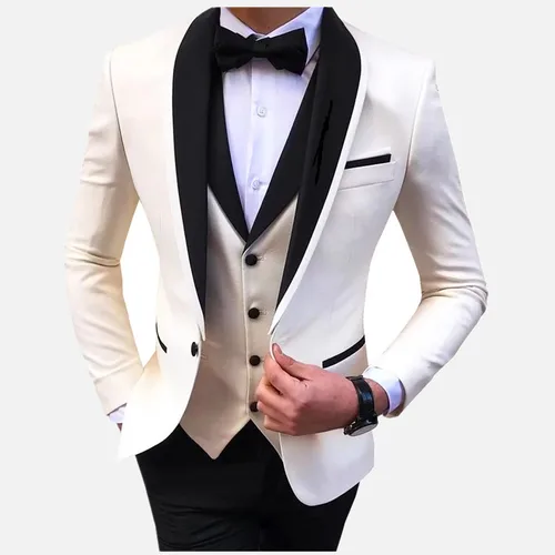 Trajes blancos con abertura para hombre, 3 piezas, chal negro, solapa, esmoquin informal para novio, trajes de padrino de boda para hombre 2025 (Blazer + chaleco + pantalón)