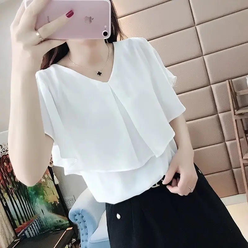 2023 New Summer Fashion Trend Commuting Minimalist V-neck Ruffled Edge Elegant Temperament Fresh Solid Color Versatile Shirt