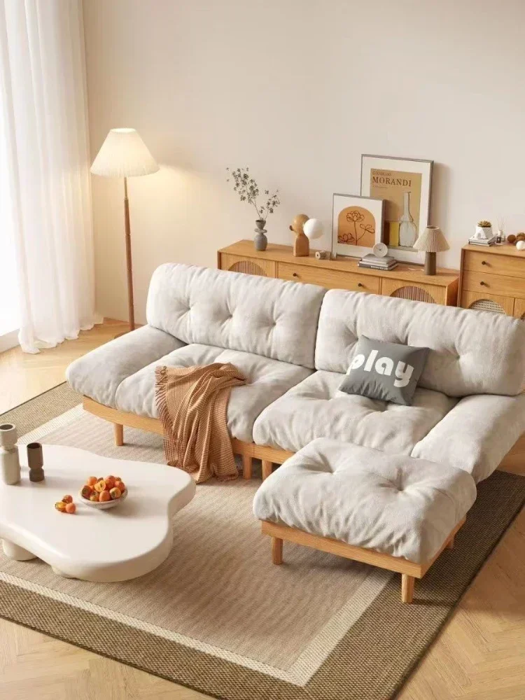 Solid Wood Cloud Sofa Living Room Small Apartment Simple Cat's Paw Fleece Fabrics Cream Style Three-Seat