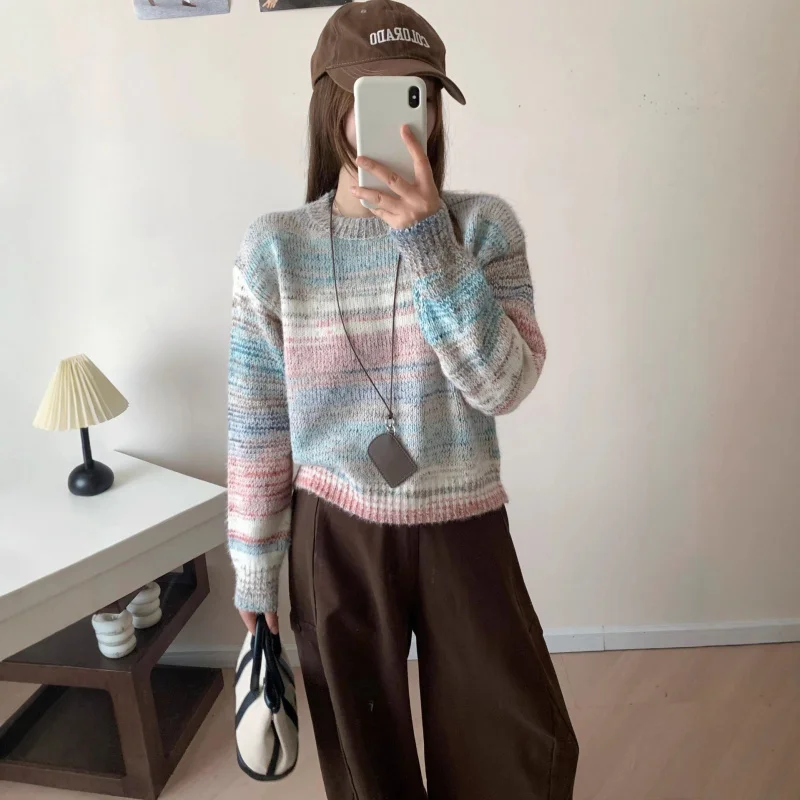 

Разноцветный полосатый свитер с круглым вырезом, трикотаж, женский универсальный свободный нишевый мягкий нежный женский свитер в корейском стиле