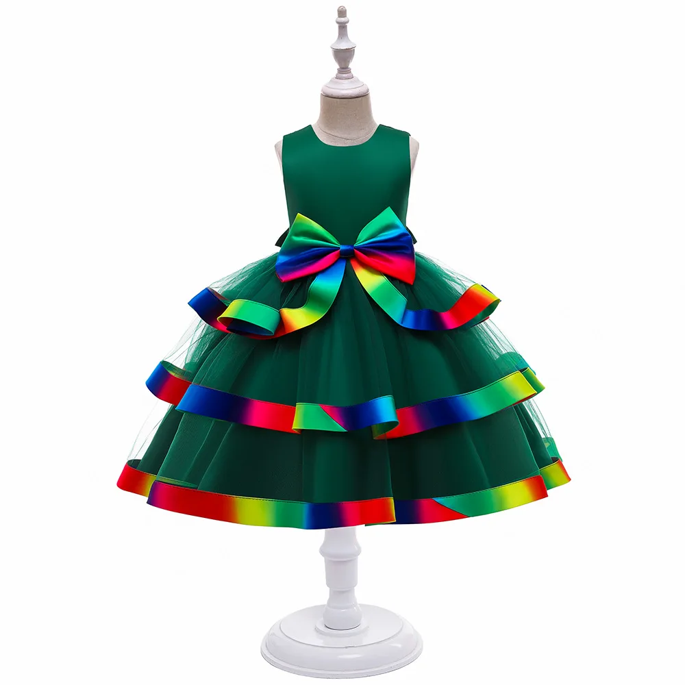 Girls Christmas Party Dresses 4 Colors 110cm-150cm Red Green Children Birthday Wedding Dress Ball Gown Vestidos Princess Skirt