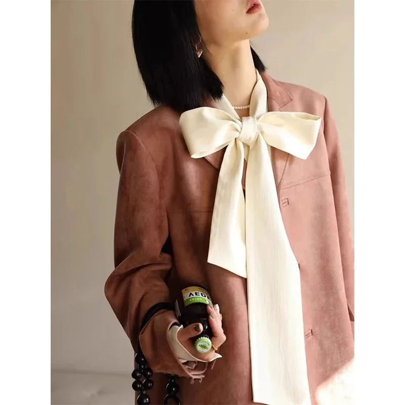 خمر التعادل قمصان النساء أنيقة القوس ضمادة البلوزات الصيف مكتب السيدات الكورية طويلة الأكمام واحدة الصدر تصميم بلايز عادية #5