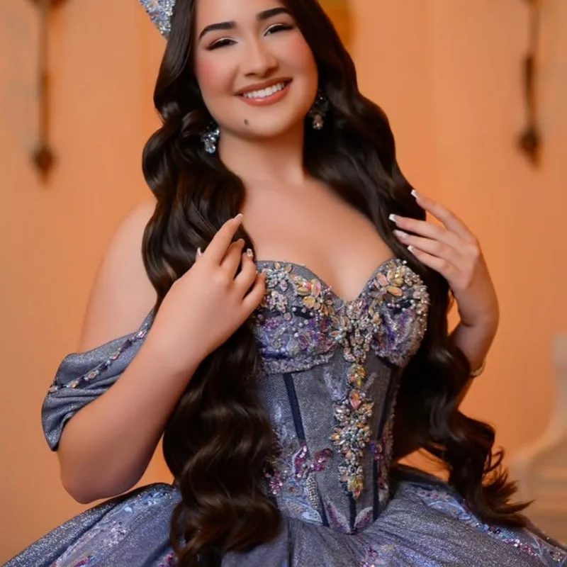 

dark blue Off Shoulder Quinceanera Dress Lace crystal sequin applique 3D flower vestidos de 15 Quinceanera Customized