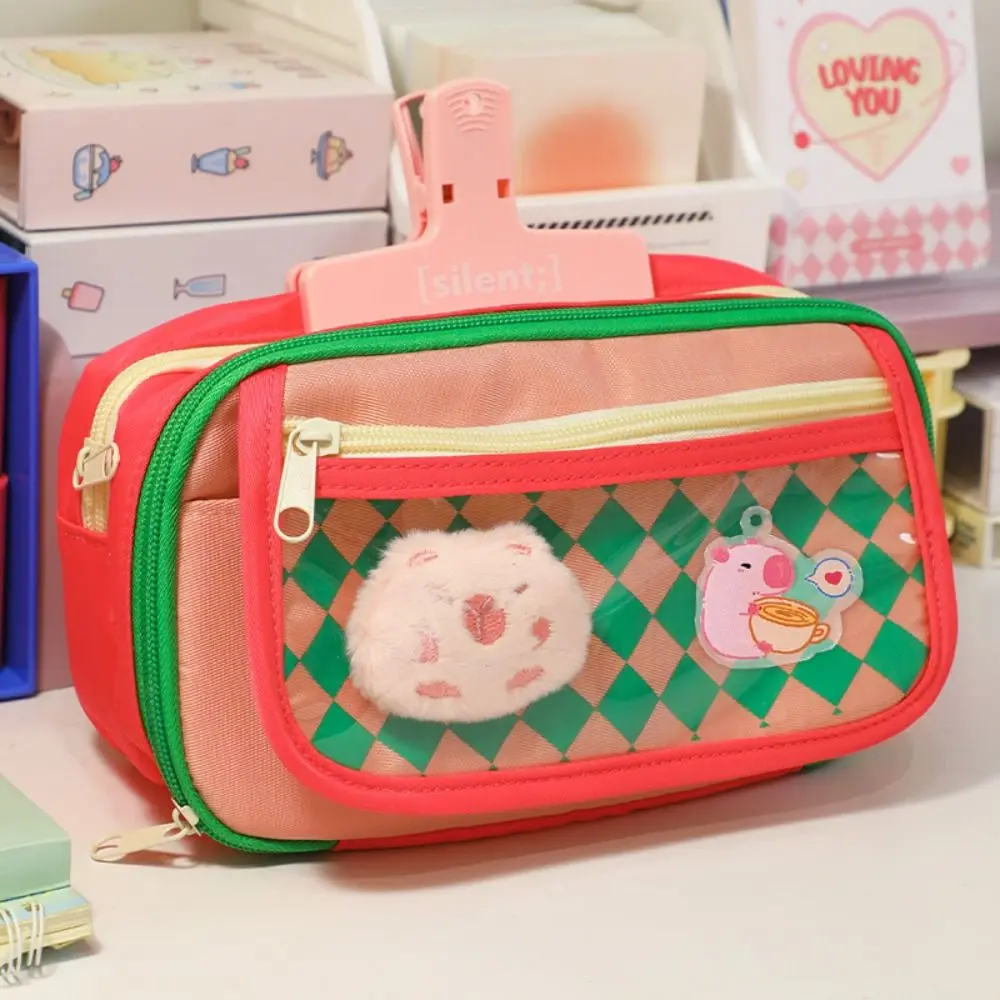 Creative Cute Design Capybara Pen Bag INS Multi-layer Checkered Stationery Bag Aesthetic Large Capacity Plaid Pencil Case Kids
