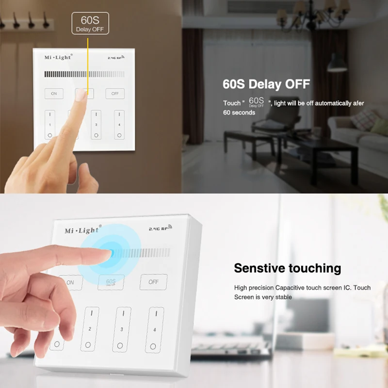 Miboxer B1 2.4G 4-Zone Timable 86 Touch Switch Panel Adjust Brightness Dim Single color For Led Strips/ Panel Lights/Controller