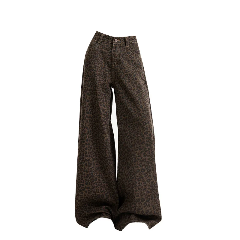 Leopard Print Retro Casual Jeans Women's Trousers Spring and Autumn New High Waist Loose Fashion Personalized Mopping Pants