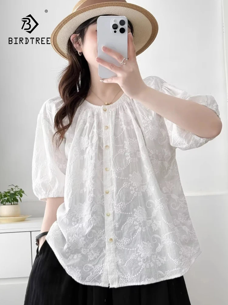

New 2025 Summer Cotton Half Sleeve Shirt, Women O Neck Embroidery, Mori Girl French Commute Age Reduction Loose Blouse T56055CC