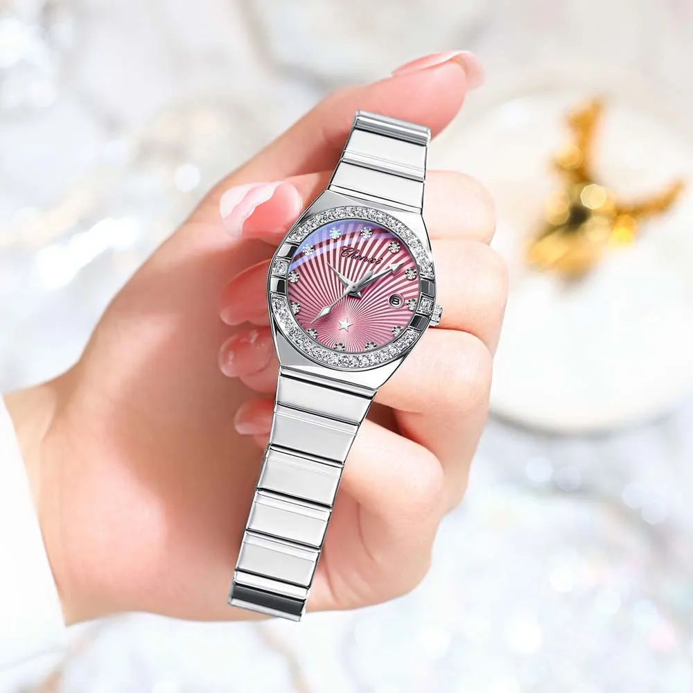 Nuovo orologio da donna Orologio da polso rotondo al quarzo tempestato di diamanti Data Orologio luminoso impermeabile in acciaio inossidabile Orologio da donna Relojes Para
