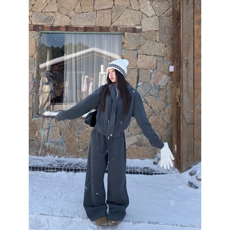 

Spring Hoooded Coats Loose Women Chic Solid 2025 Thicken Daily Streetwear New Casual Wide Leg Straight Pants Sets