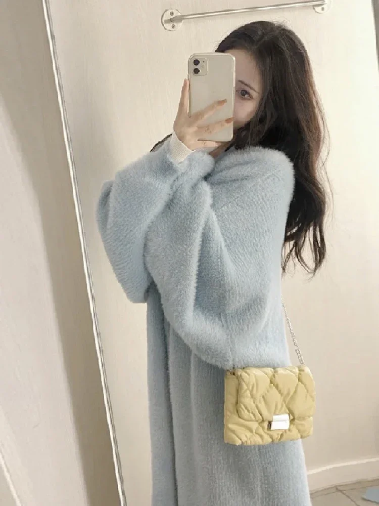 Korean Solid Long Woman Cashmere Cardigan Coat Sweet Fluffy Long Sleeve Sweater Winter Warm Loose Female Midi Knitted Clothing