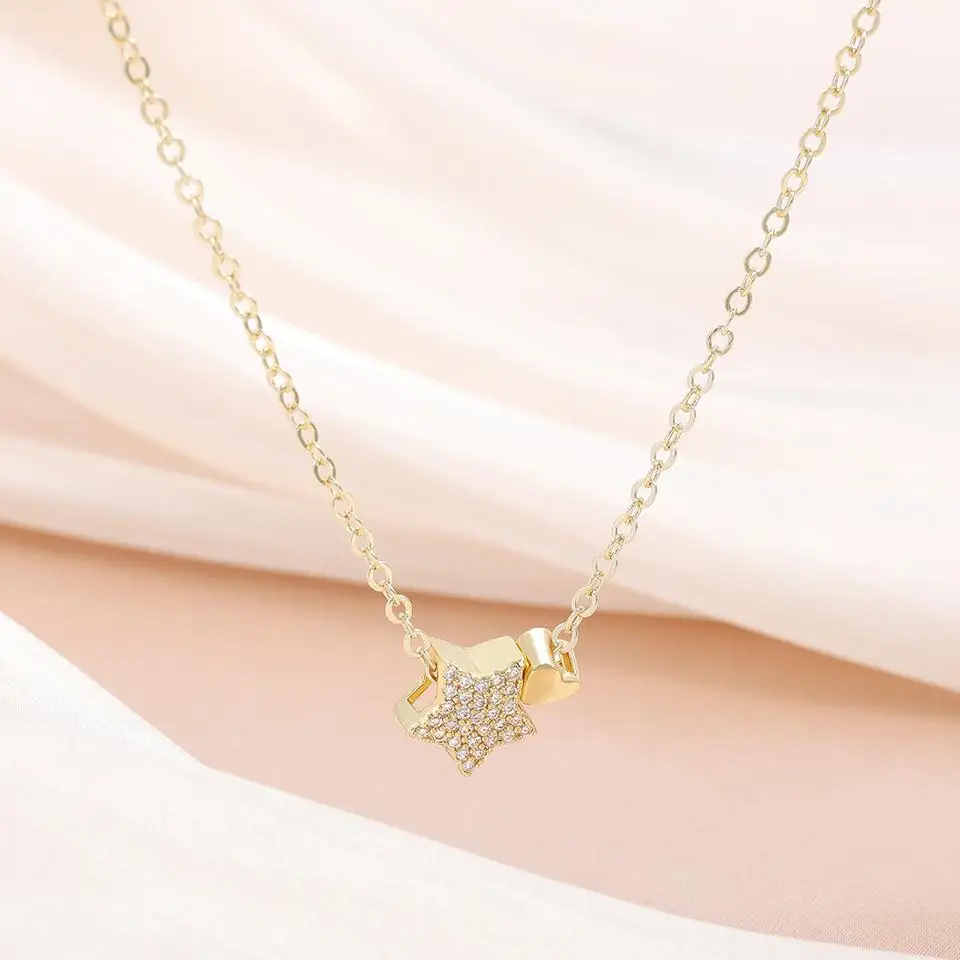 Uilz Fashion Star Shape Copper Cubic Zircon Necklace For Women Gold Color Shiny Charms Daily Birthday Party Jewelry Gift