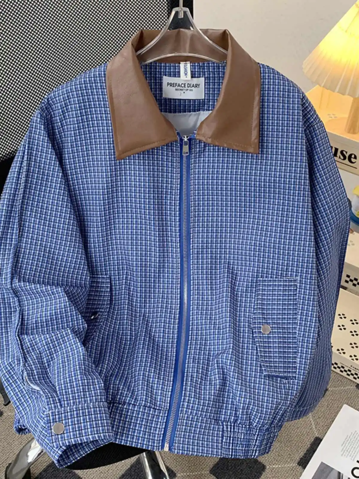 

Women Blue Plaid Autumn Jacket Coat Harajuku Leather Patchwork Long Sleeve Oversize Jacket 2000s Emo Vintage Outerwear Clothes