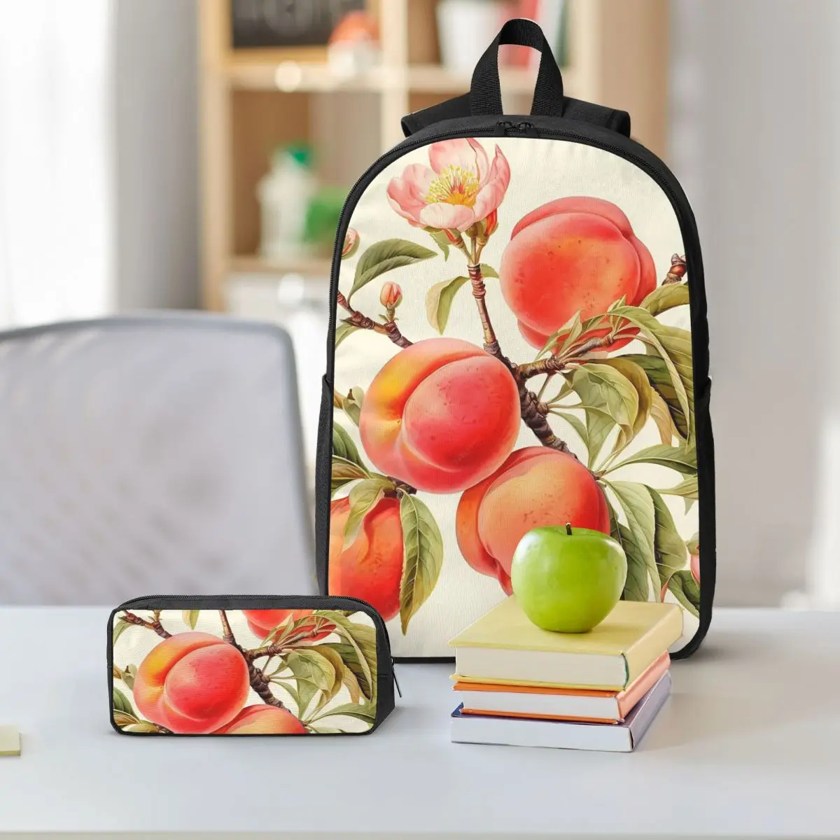 Elegant Floral And Peach Backpack Student BookBag School Bag Shoulder Bags 3ps Insulated Lunch Bag Pencil Case