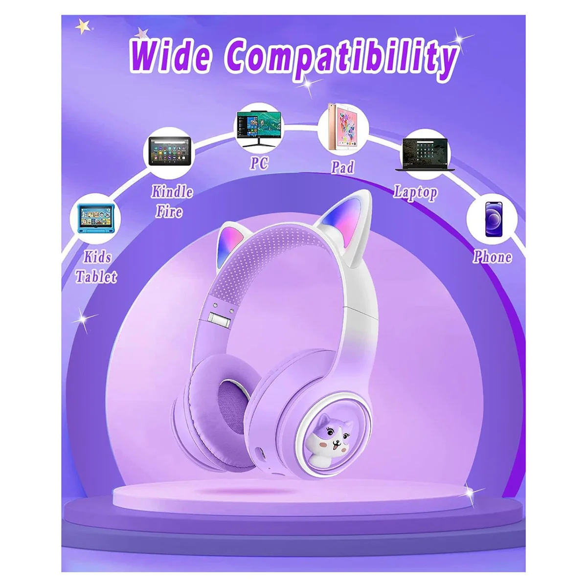 Children's Bluetooth Headphones, Foldable Wireless Headphones with LED Light, Cat Ears Game Headset for Phone-B