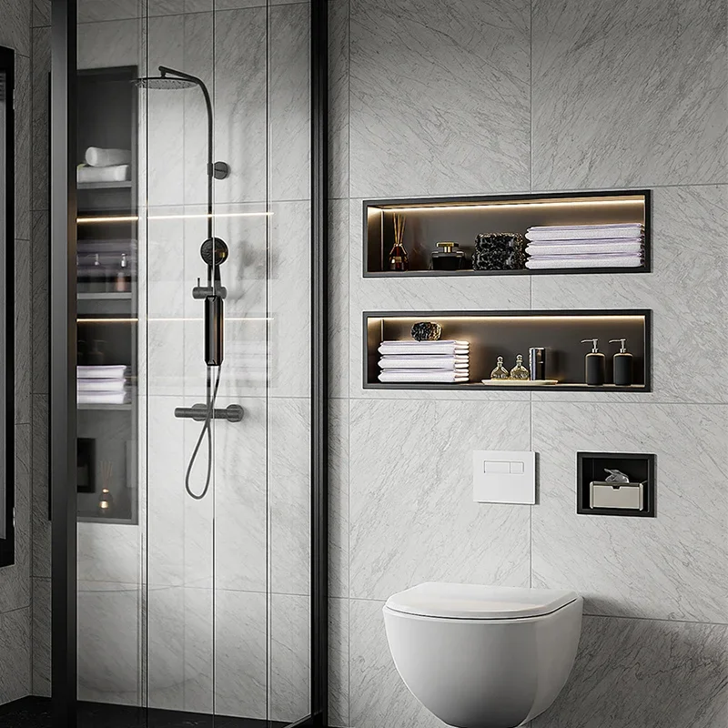 

Niche bathroom toilet shower room titanium alloy finished product embedded metal niche cabinet rack factory