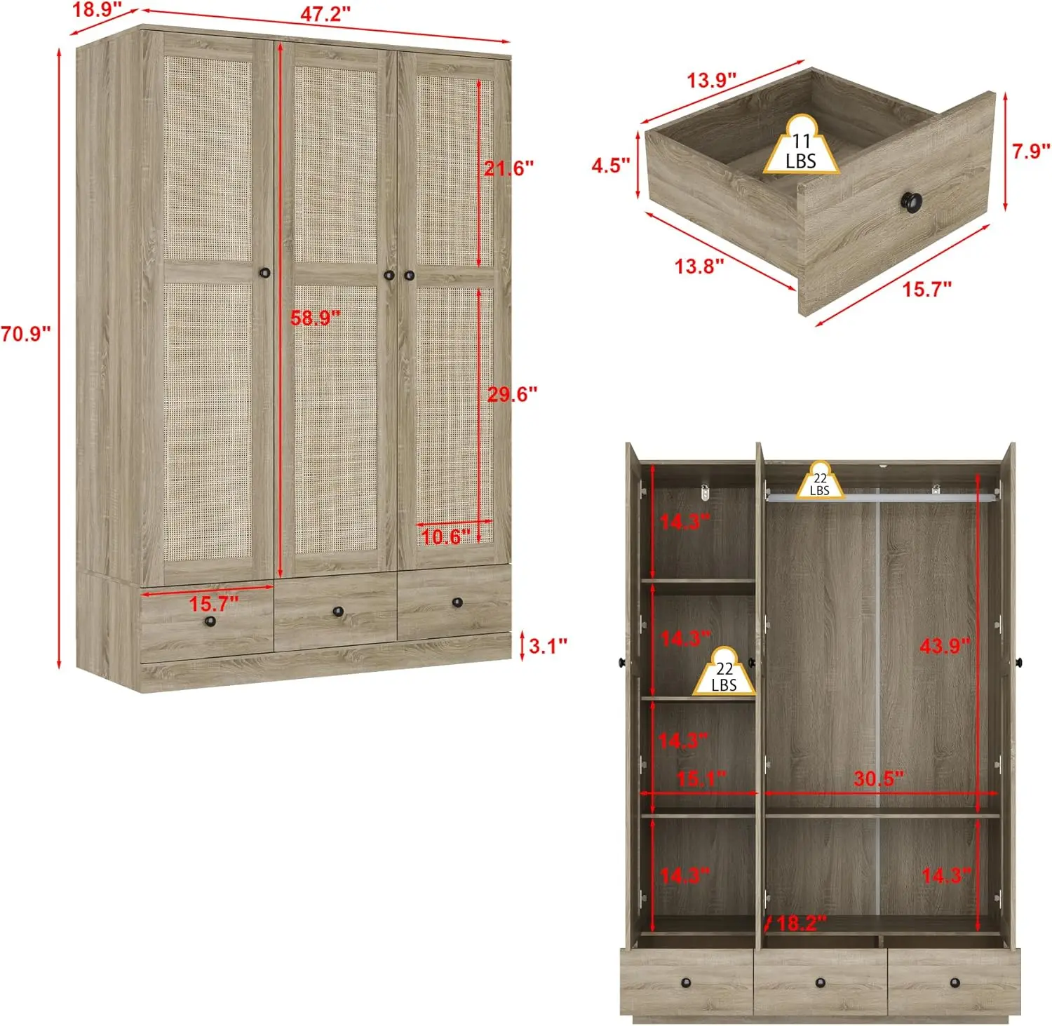 3-Door Rttan Wardrobe Armoire Closet, Bedroom Cabinet Armoire with 3 Rattan Doors, 3 Drawers, Hanging Bar & 6 Shelves, Light Bro