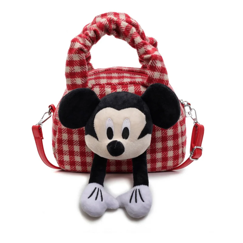 Disney Mickey Mouse lindo bolso portátil de moda para mujer muñeca de dibujos animados a cuadros de lana casual simple bandolera de hombro