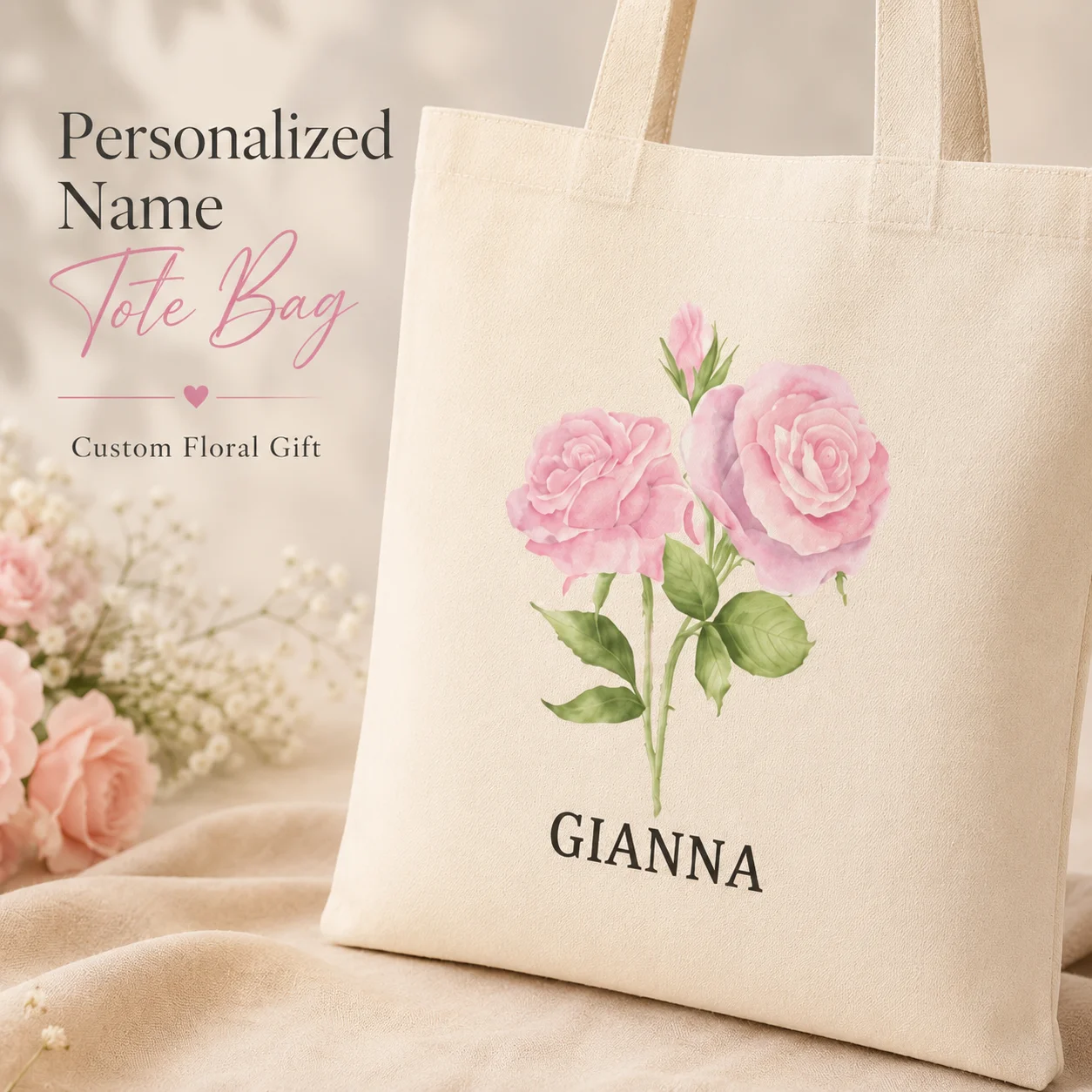 Custom Name Pink Rose Canvas Tote Bag Personalized‑Text Floral Print Shoulder Bag Customised Gift Reusable Shopping Handbag