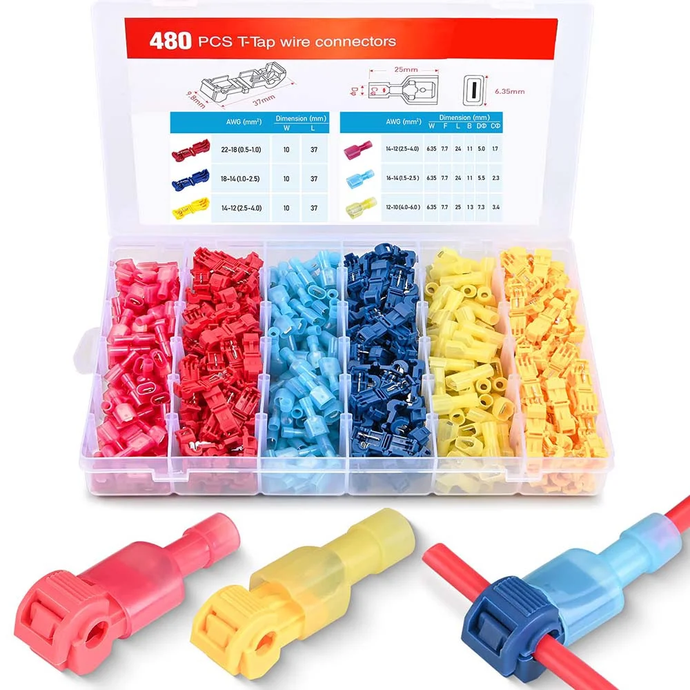 480PCS T-Tap Wire Connectors Self-Stripping Quick Splice Electrical Wire Terminal Insulated Male Disconnect Spade Terminals Kit