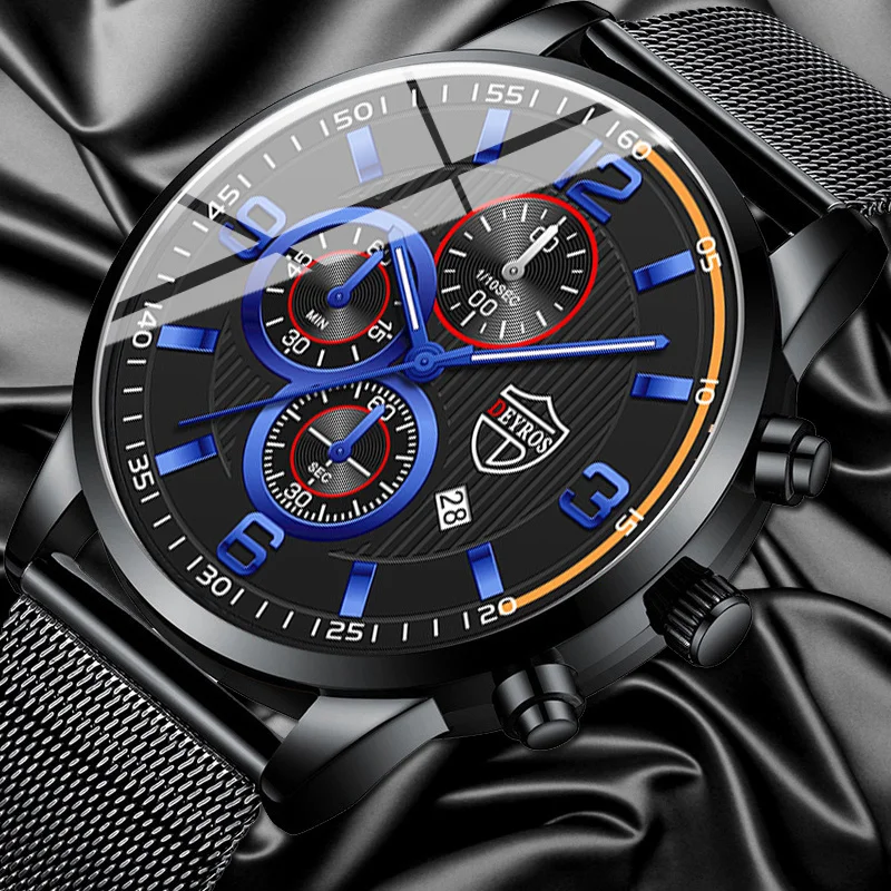 Luxury Men's Quartz Wrist Watch, Black Metal Mesh Band Watch, Business Casual Date Display Male Dress Watch, Gift for Men
