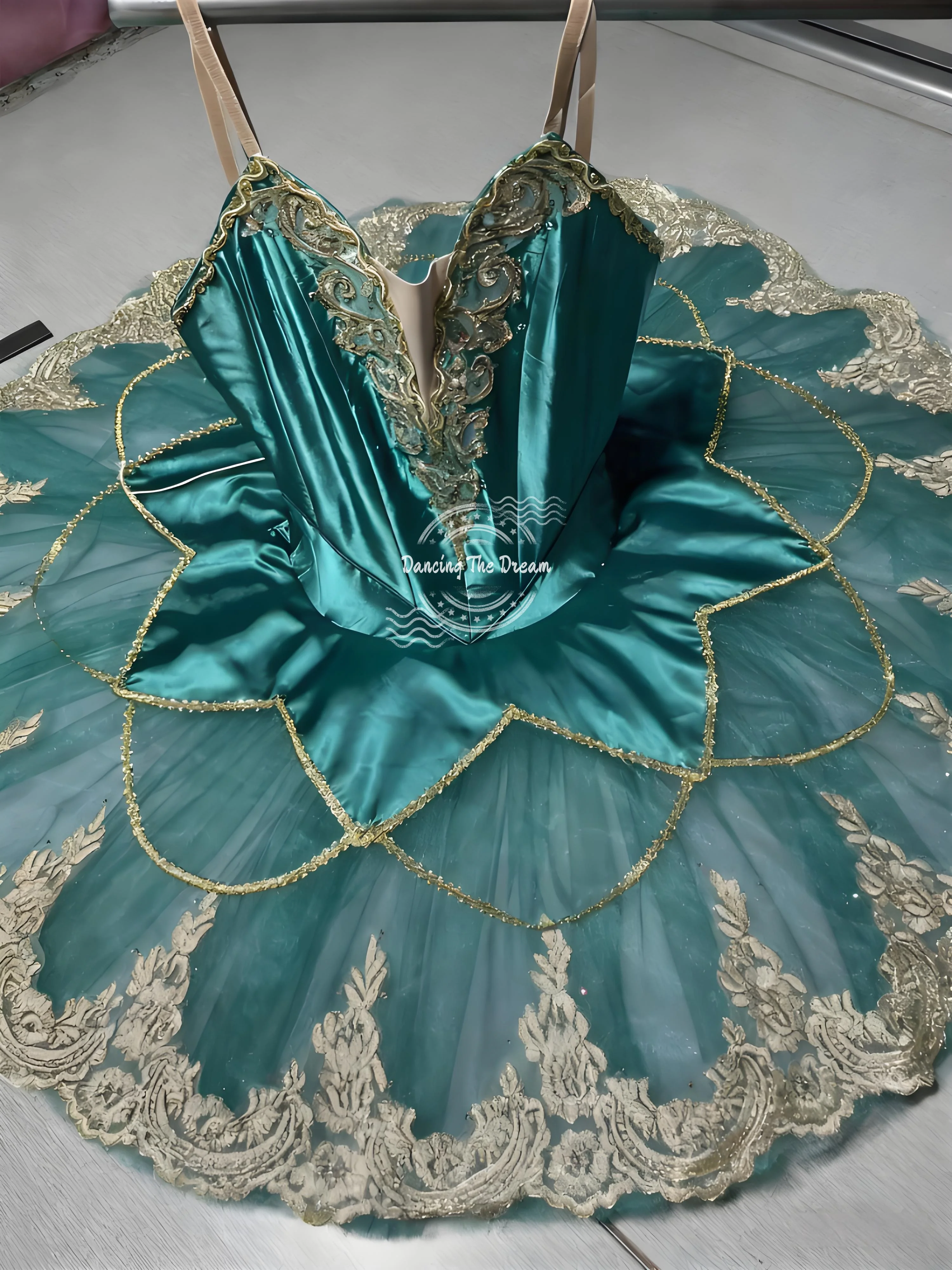 

Fitted Bodice Teal Tutu with Gold Embroidered Lace Details Chic Strappy Teal Ballet Tutu with Ornate Gold Accents