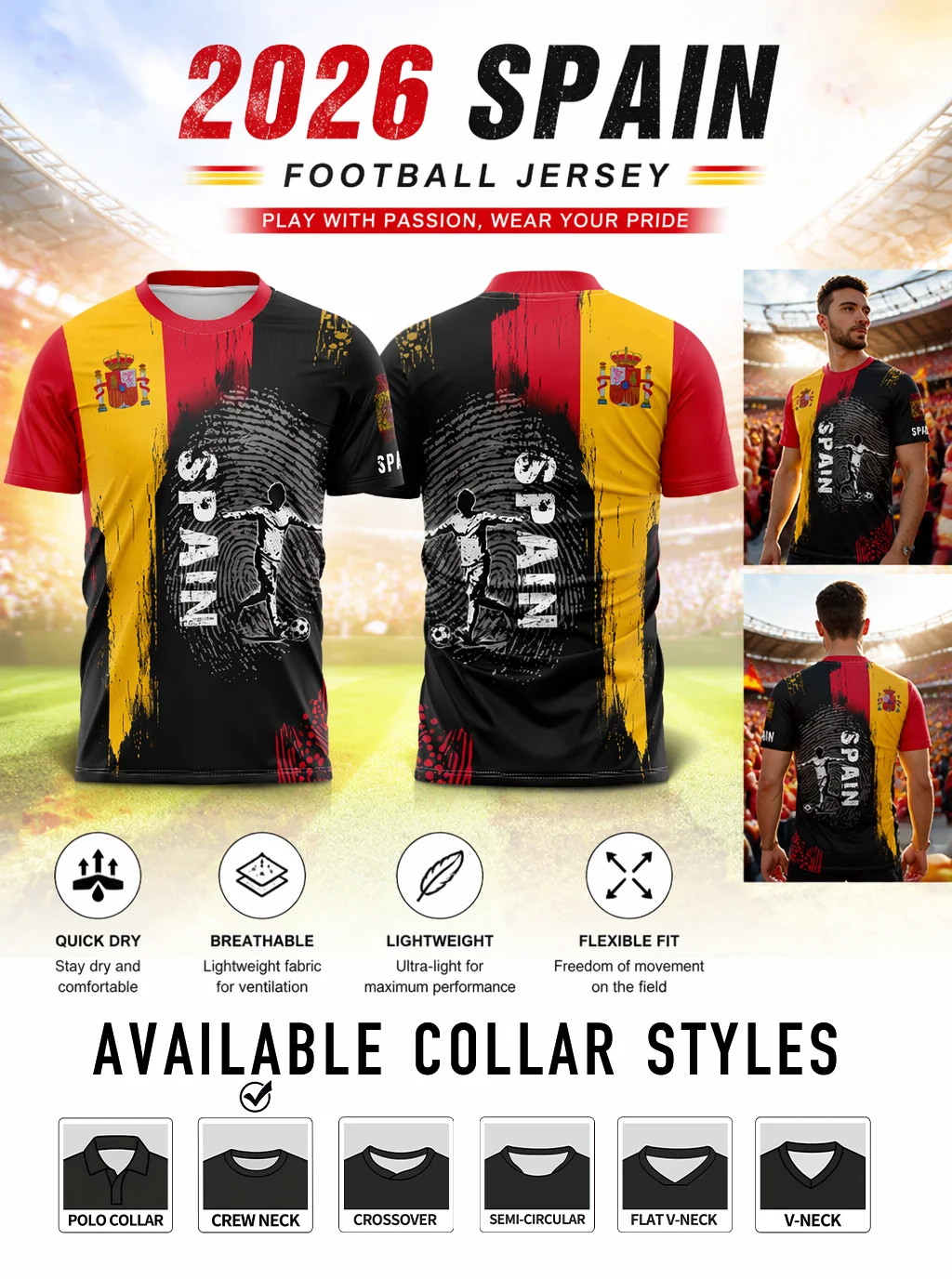camisa-de-futebol-da-espanha-base-preta-com-listras-vermelhas-e-amarelas-brasao-e-silhueta-do-jogador-secagem-rapida-varios-estilos-de-gola