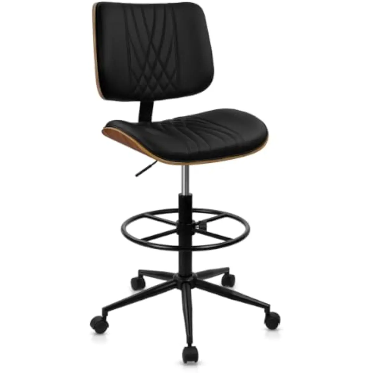 Tall ergonomic drafting chair with adjustable foot ring 7.9 inch height range swivel seat 360 degree rotation L shaped bend wood