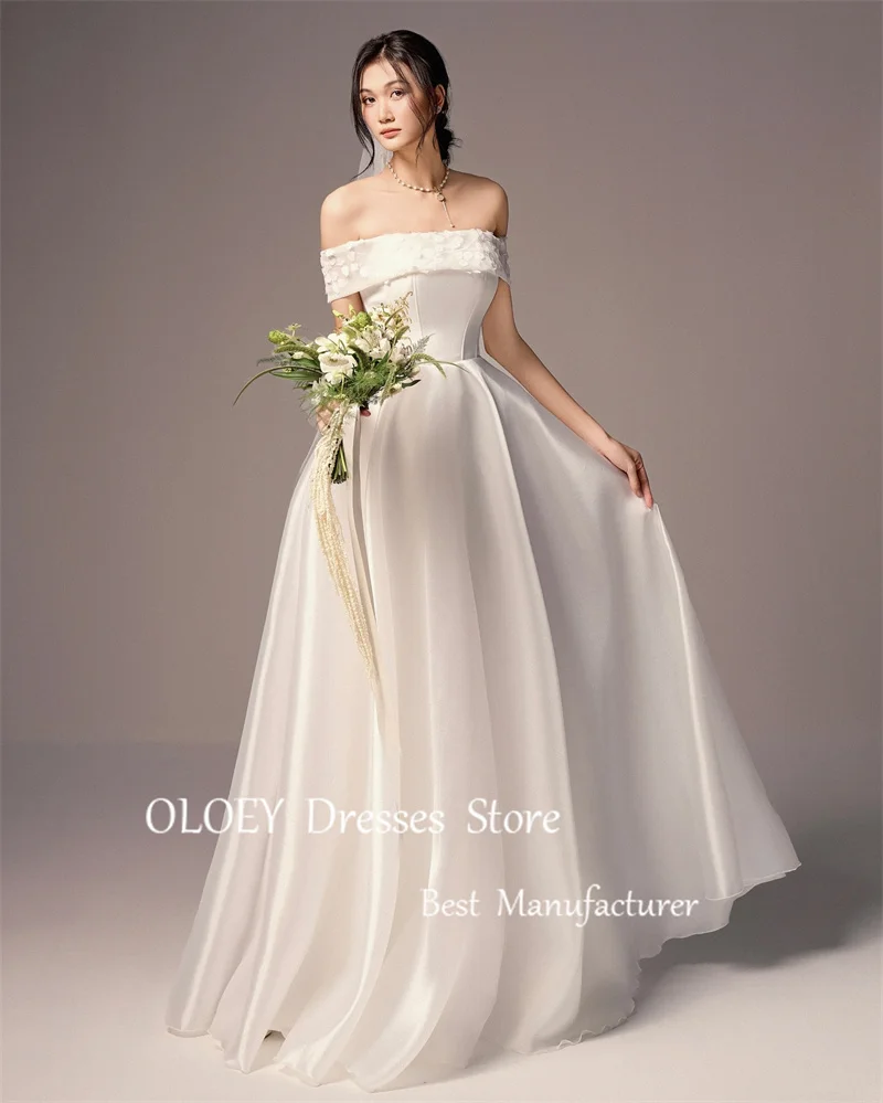 OLOEY Elegant Silk Satin A Line Wedding Dresses With Bolero Korea Photoshoot Floor Length Bridal Gowns Vestido de noiva Veil