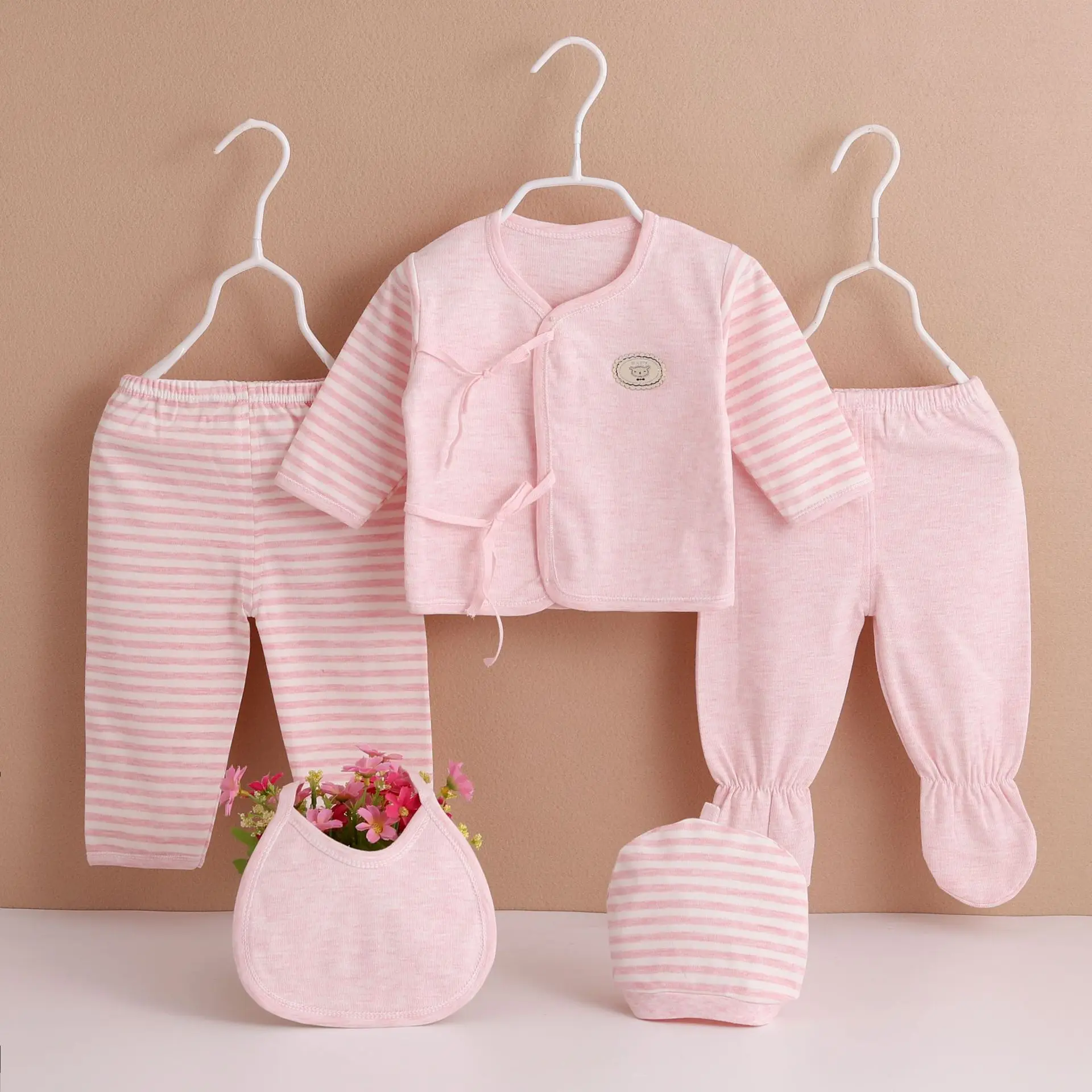 

5Piece Sets Spring Autumn Toddler Boy Girl Outfits Cartoon Cute Stripe Cotton Long Sleeve Tops+Pants+Hat Baby Newborn Items B232