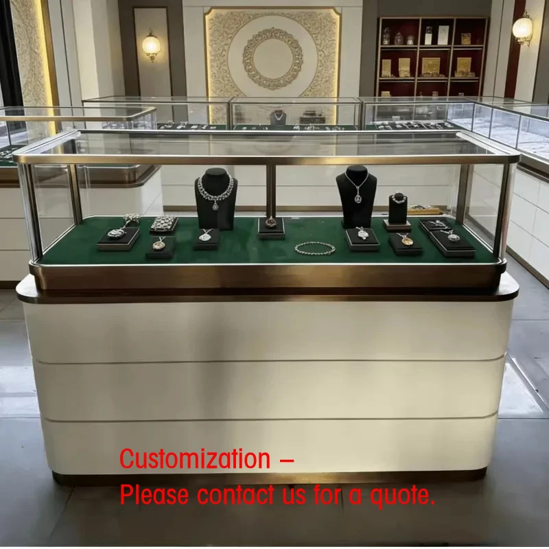 custom.Luxury Stainless Steel Cubical Jewelry Display Stand LED Lighting Heavy Duty Glass Back Durable Varnished Fi