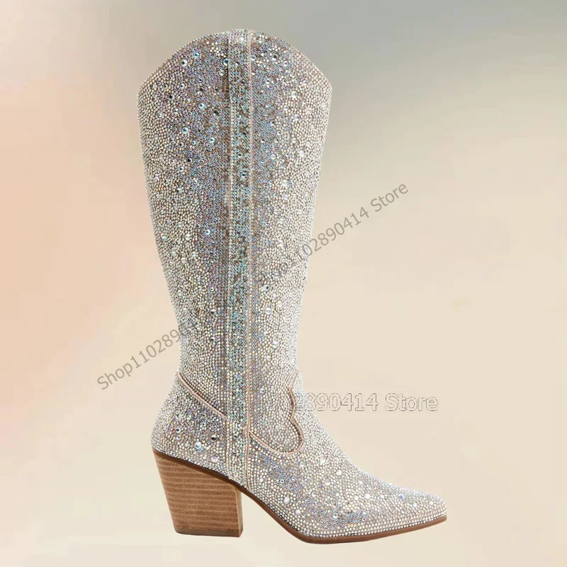

Rhinestone Decor Sewing Design Pointed Toe Boots Side Zipper Women Shoes Chunky Heels Fashion Banquet 2023 Zapatos Para Mujere