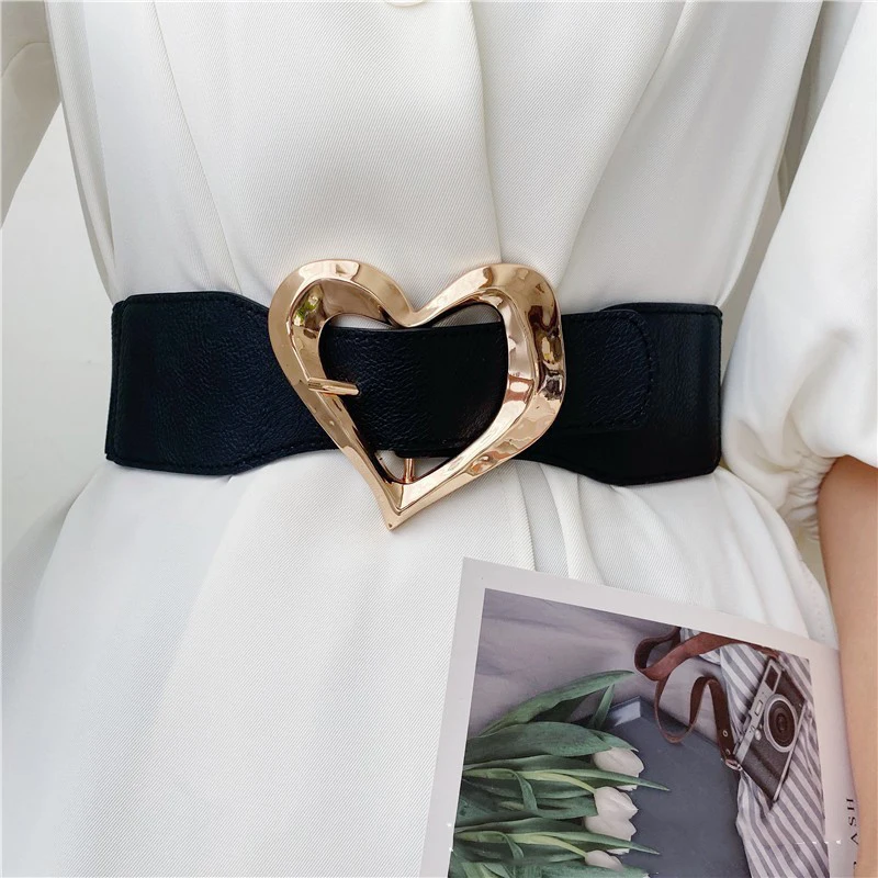 Stylish women's belt Exaggerated metal love pin buckle belt embellished dress slimming waist wrap