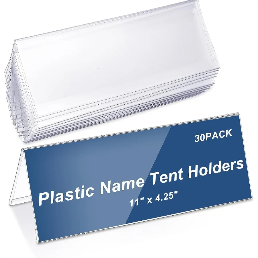

Vicenpal 30 Pieces Clear Plastic Name Tent Holders 11 x 4.25 Acrylic Name Plate for Desk PVC Card Tent Holder Desk Sign Frame f